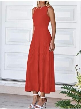 Sleeveless Red Pleated Midi Dress